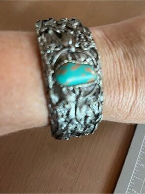 Silver faux turquoise cuff interesting  design vintage unisex